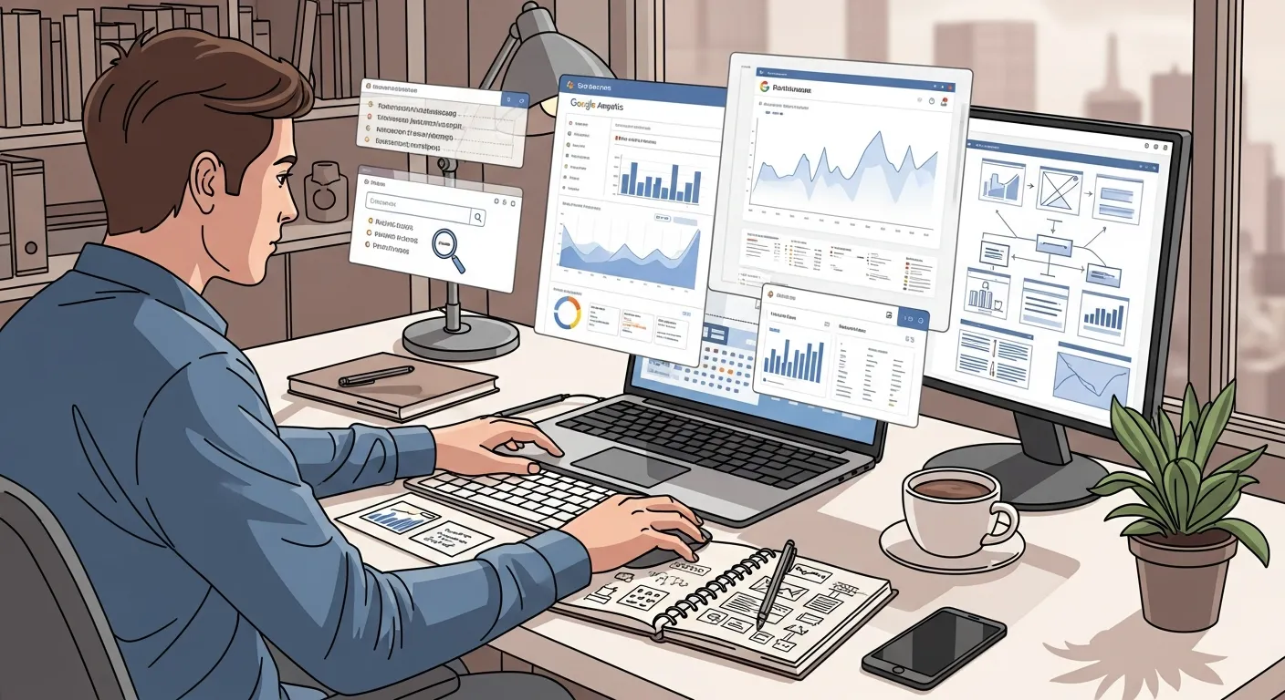 Illustration of SEO consultant working on laptop with analytics tools, keyword research, and website optimization planning setup.
