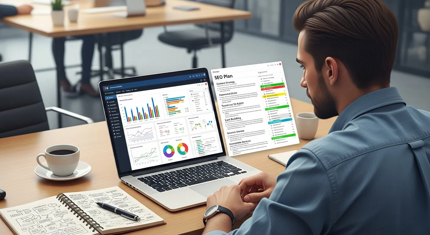 Digital marketer planning SEO strategy with charts, keyword lists, and analytics dashboards on a laptop.