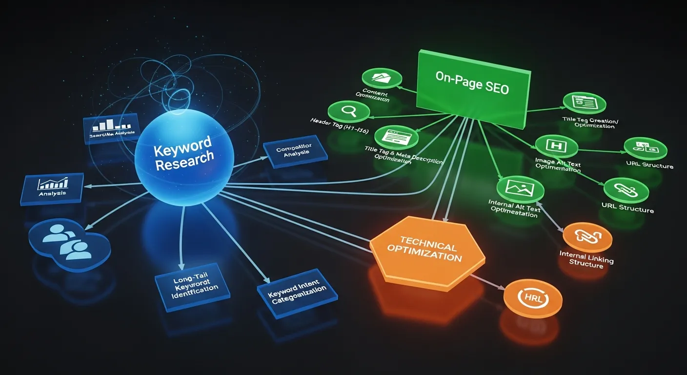 diagram showing keyword research, on-page SEO, and technical optimization process