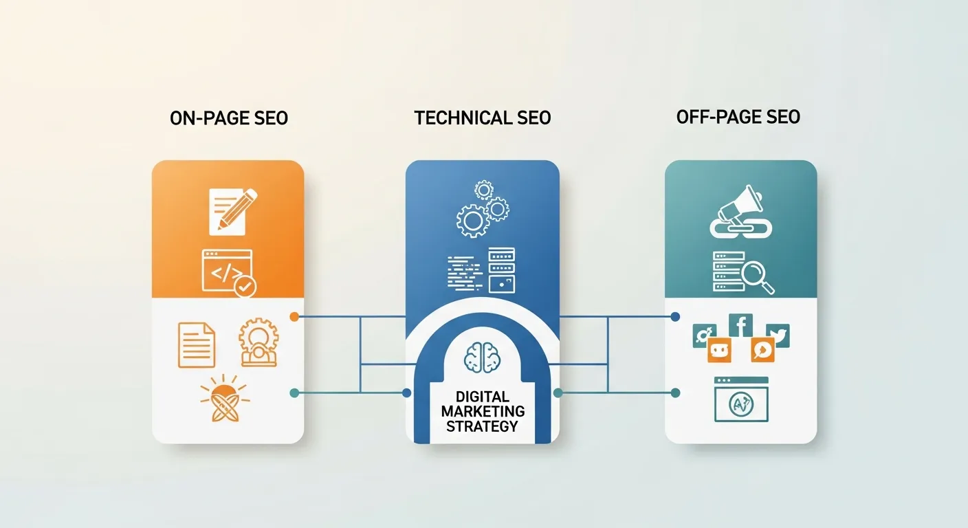 Diagram illustrating on-page SEO, technical SEO, and off-page SEO as core pillars of a digital marketing strategy