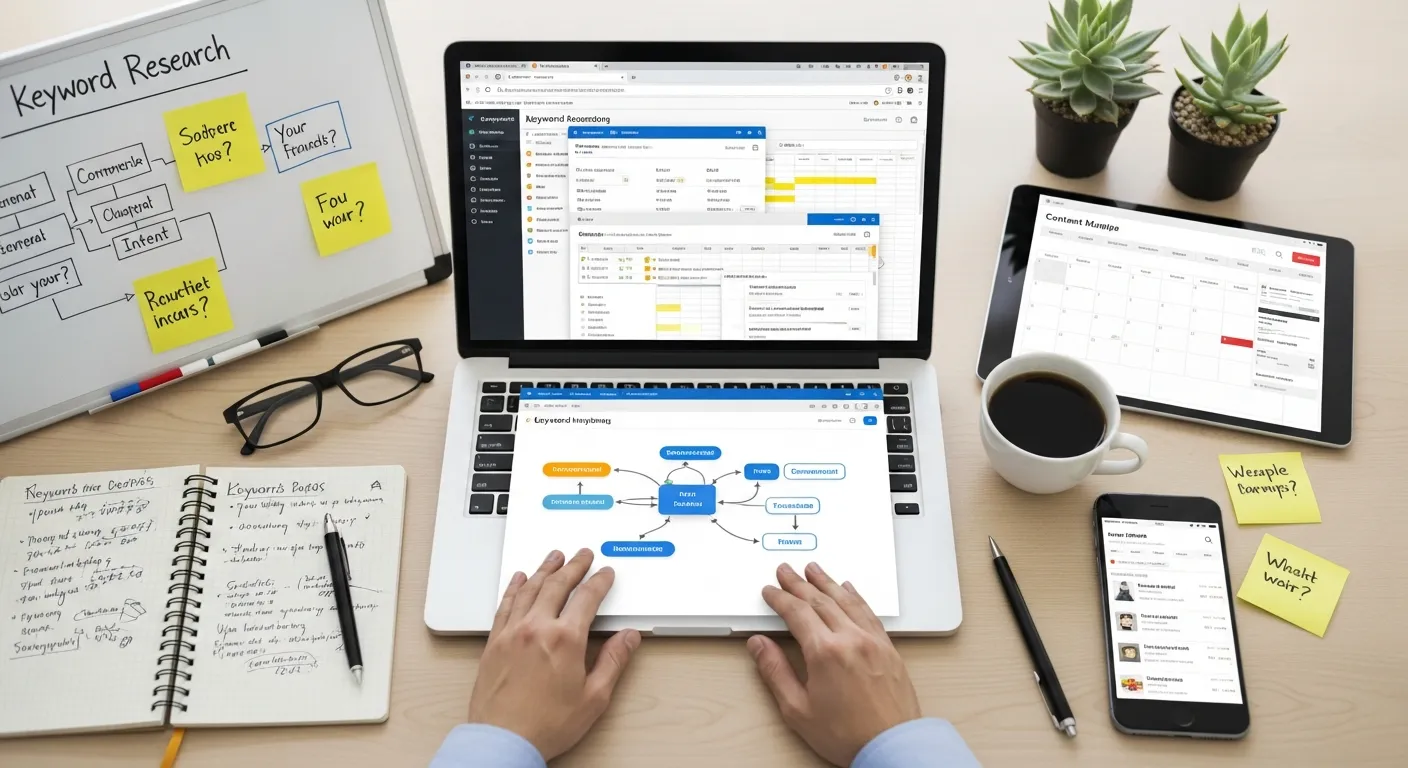 Keyword research dashboard showing search volume, competition, and user intent clustering analysis