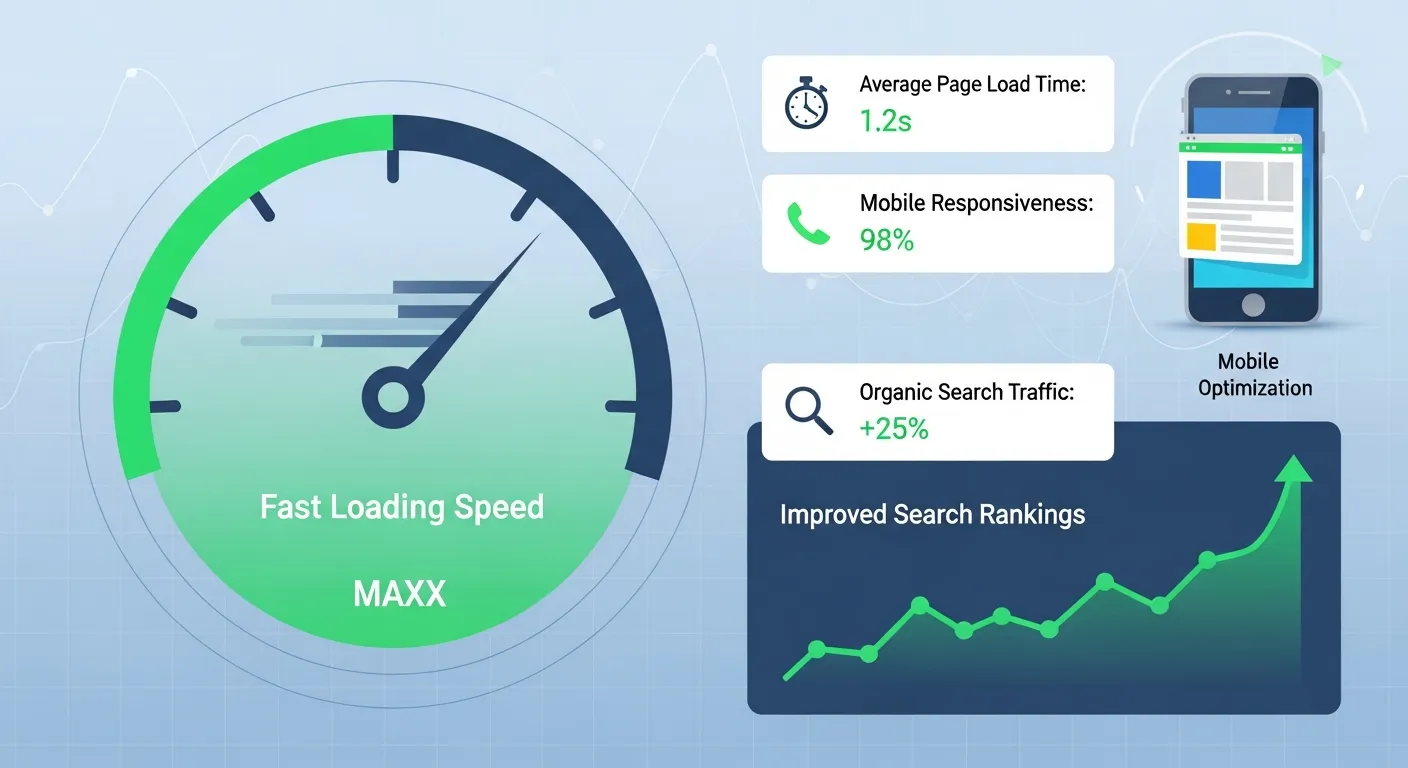 Website performance dashboard showing fast loading speed, mobile optimization, and improved search rankings.
