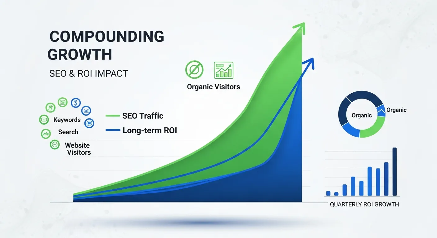 Business growth chart showing compounding SEO traffic and long-term ROI improvement