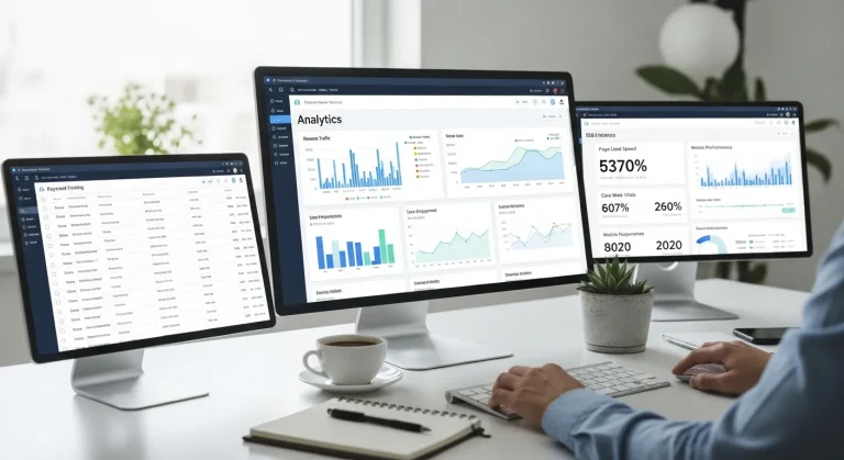 Modern workspace displaying SEO strategy development with analytics dashboards, keyword tracking tools, and website performance metrics for organic traffic growth.