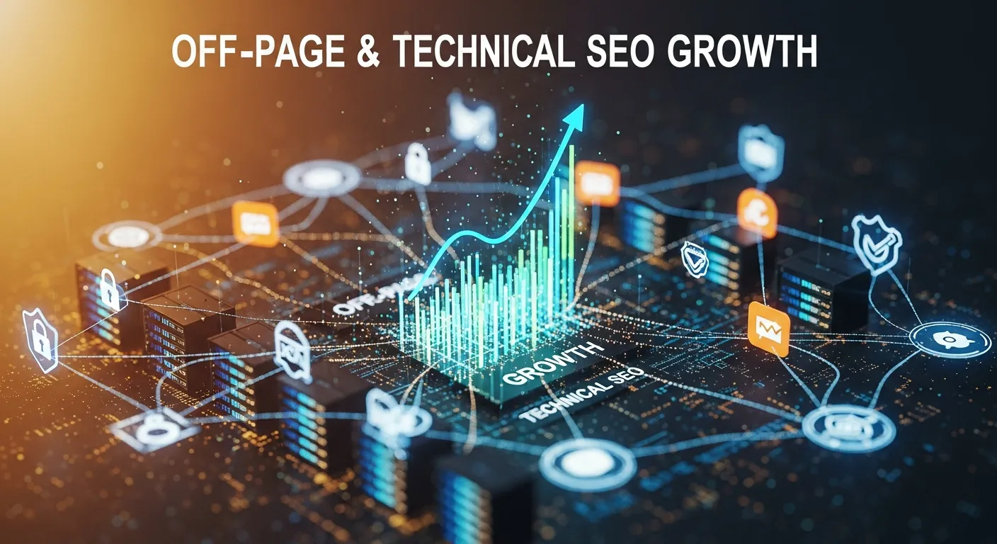 SEO performance graph illustrating backlink growth, site health metrics, and ranking improvement trends over time