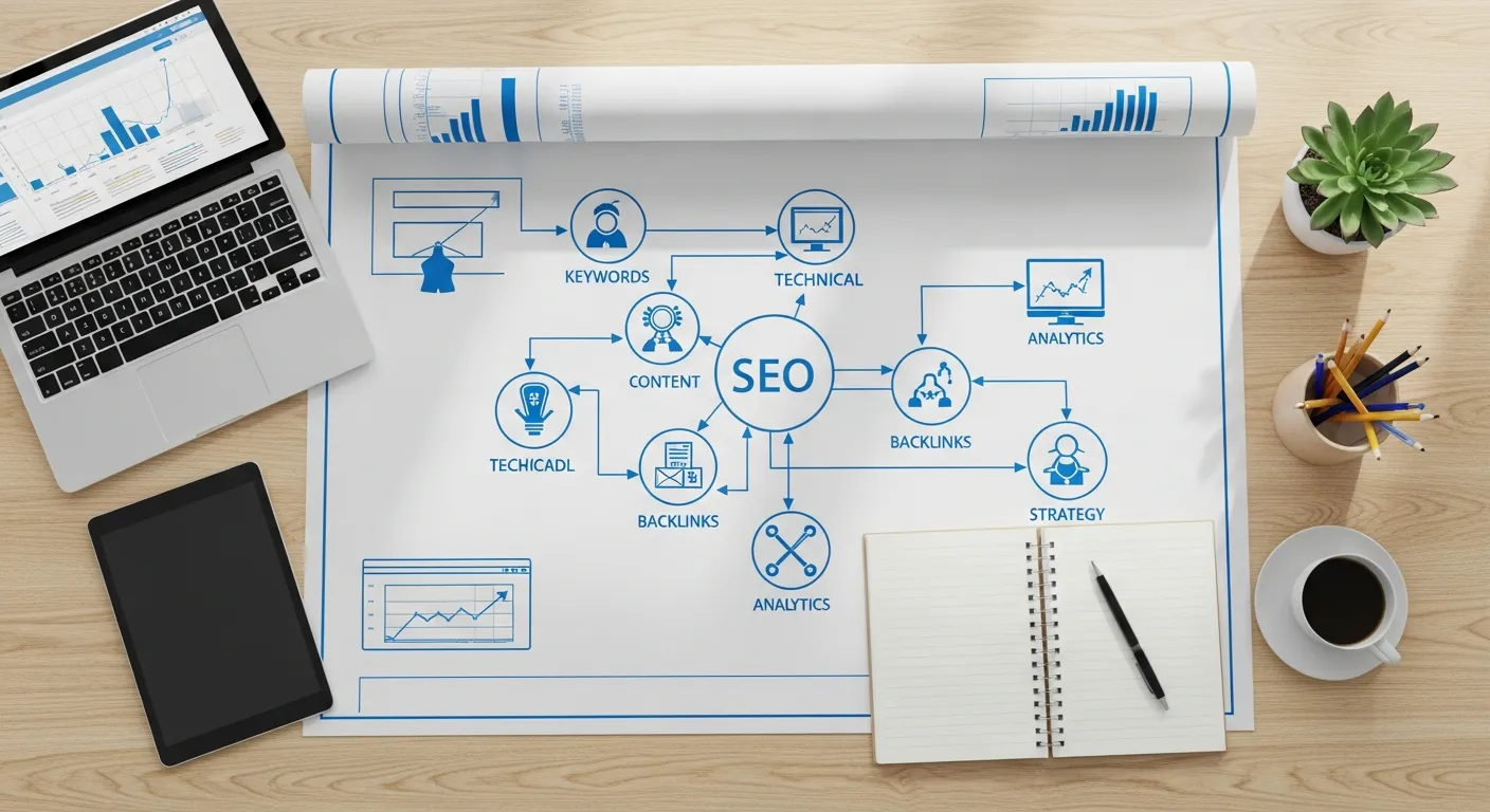 SEO strategy roadmap diagram showing keyword research, on-page SEO, technical SEO, and off-page SEO workflow