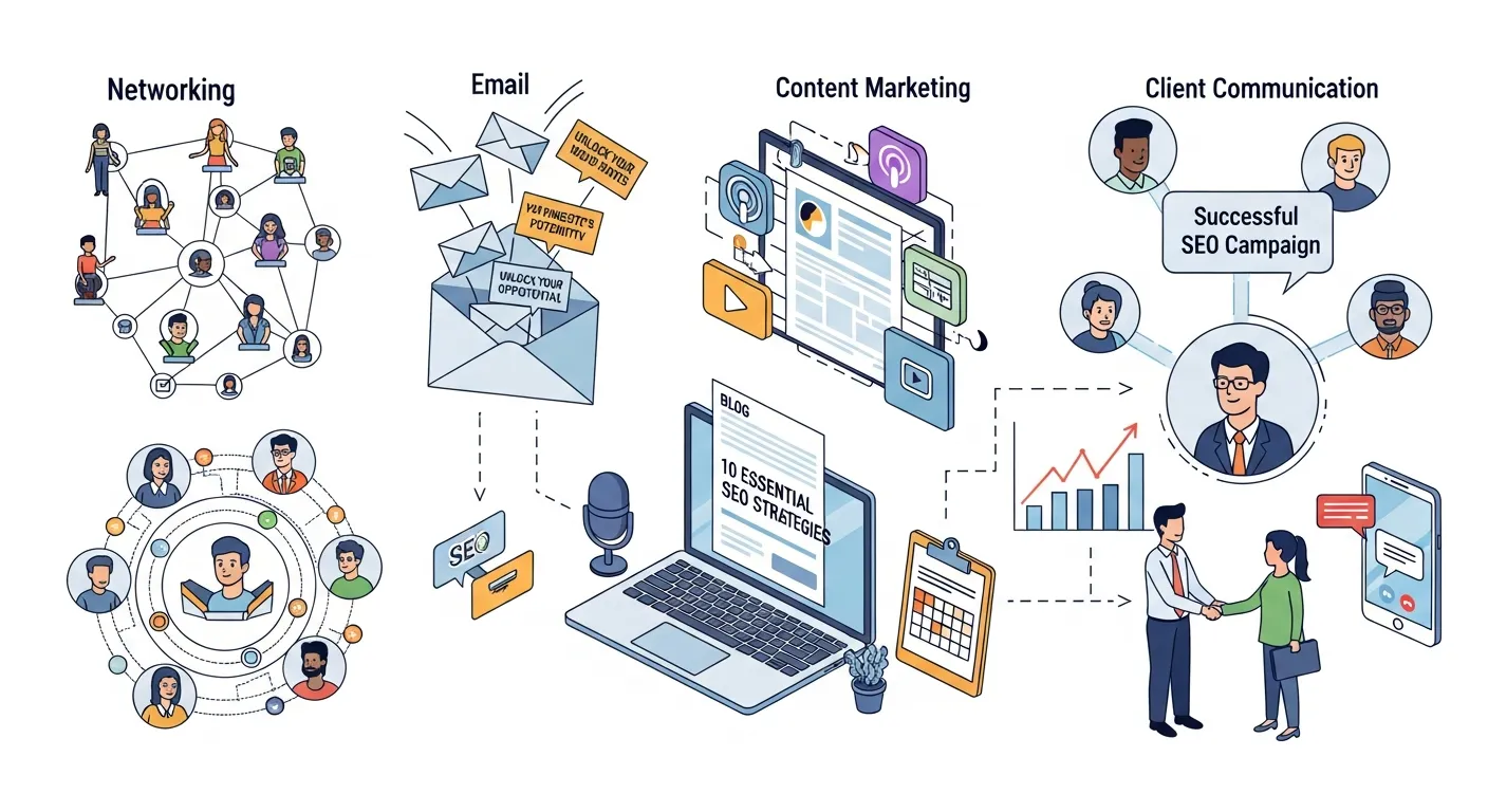Visual showing networking, email outreach, content marketing, and client communication strategies for gaining SEO clients online.