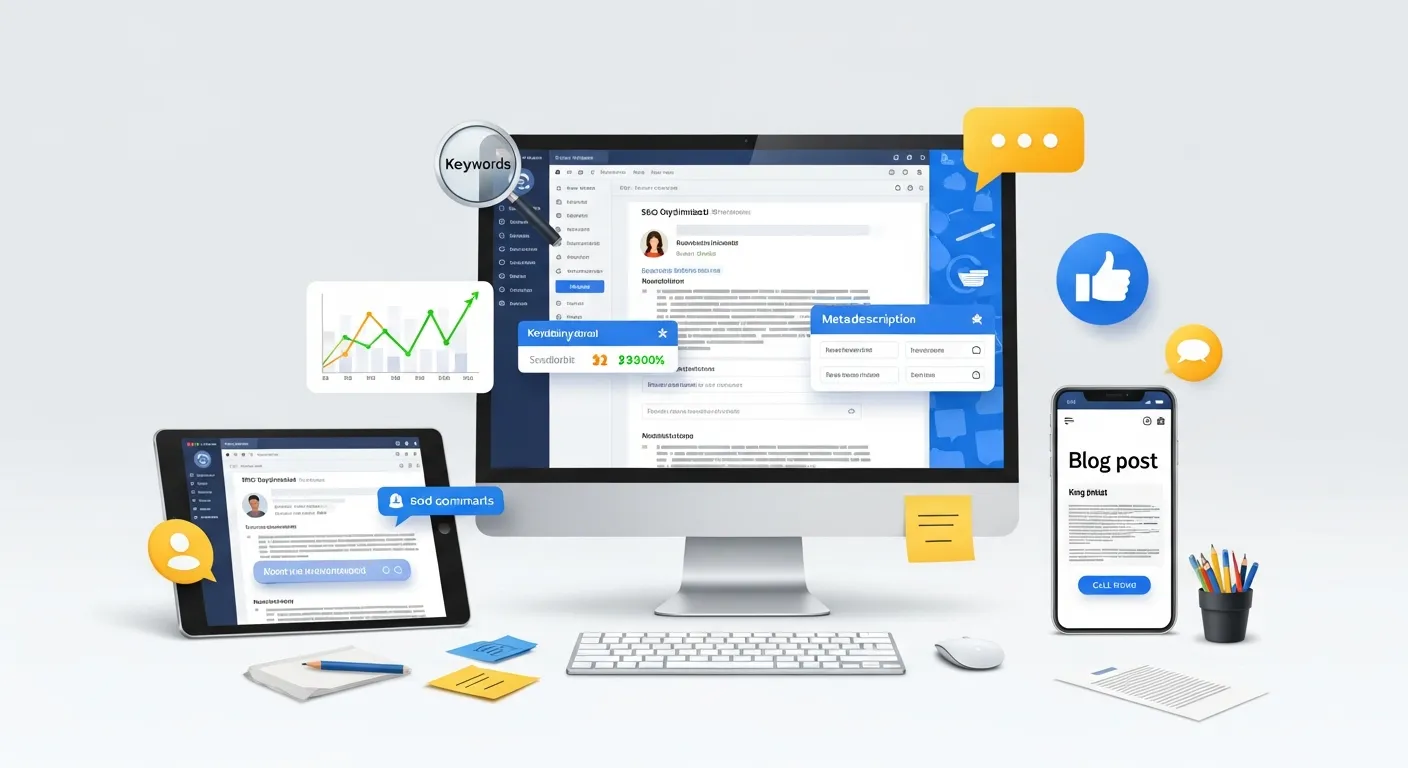 Website content creation process showing SEO optimized blog writing, user engagement, and improved user experience on multiple devices
