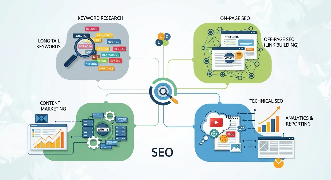 Diagram showing SEO pillars including on-page SEO, off-page SEO, and technical SEO structure