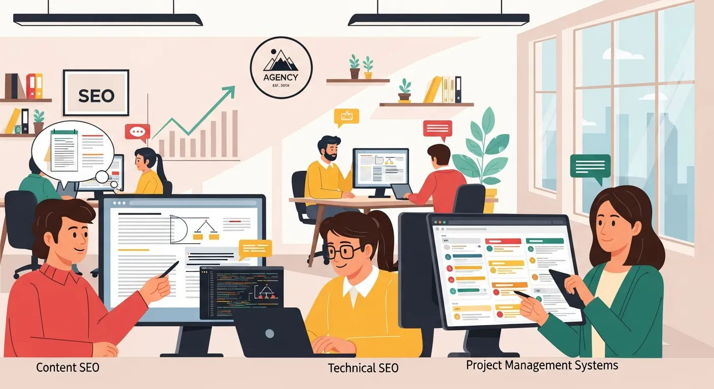 Team collaboration scene representing SEO agency growth with specialists handling content, technical SEO, and project management systems.