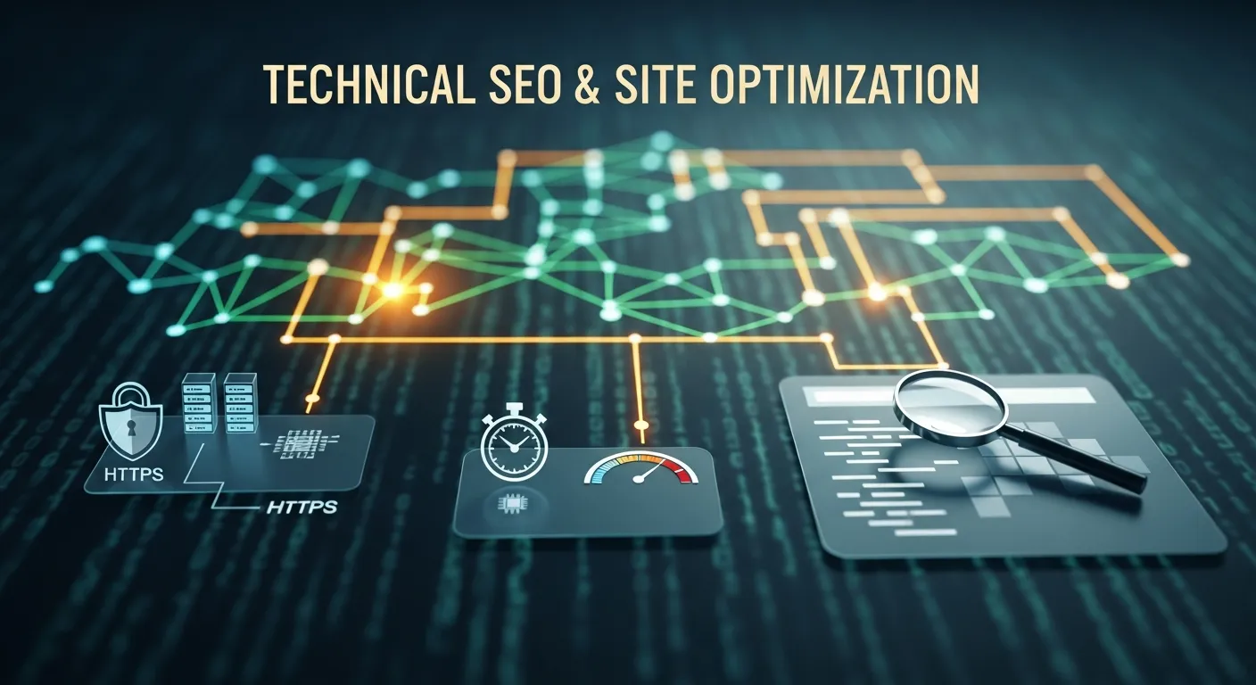 Technical SEO audit dashboard displaying site speed, crawl errors, and Core Web Vitals metrics
