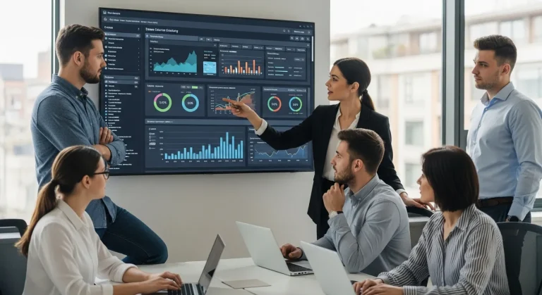 SEO company team analyzing website performance and search rankings on dashboard