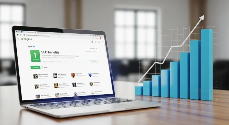 Business growth concept showing a rising chart and search engine results on a laptop screen, symbolizing the benefits of investing in SEO for increased online visibility and traffic.