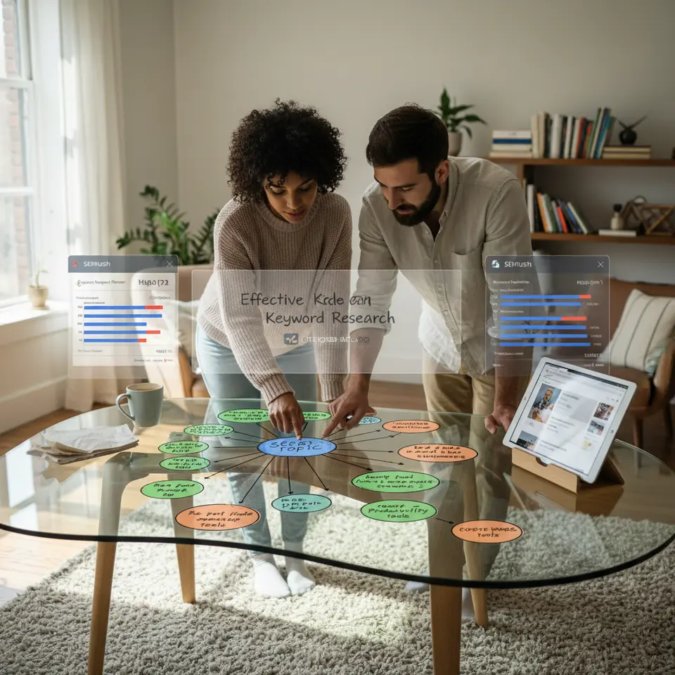 A dynamic mind map illustrating the Effective Keyword Research process: central “Seed Topic” bubble branching into clusters of long-tail queries, overlaid with dashboard widgets from Google Keyword Planner and SEMrush showing search volume and difficulty bars, plus a side panel depicting competitor analysis data and top-ranking page snapshots.