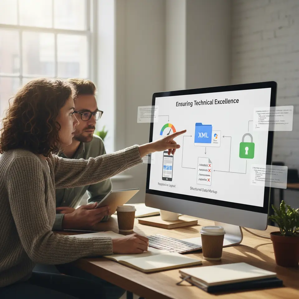 An infographic-style technical SEO diagram under “Ensuring Technical Excellence”: a speedometer gauge for page load performance, a smartphone displaying a responsive layout, an XML sitemap icon being submitted into Google Search Console, a robots.txt file with paths crossed out, an HTTPS padlock symbol, and floating JSON-LD code snippets representing structured data markup.