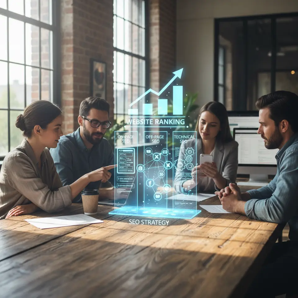 A visual diagram of the three core pillars of SEO—On-Page SEO, Off-Page SEO, and Technical SEO—each represented as a distinct column or icon (e.g., a webpage with tags for On-Page, a network of links for Off-Page, and gears or code for Technical), showing how they work together to support website ranking