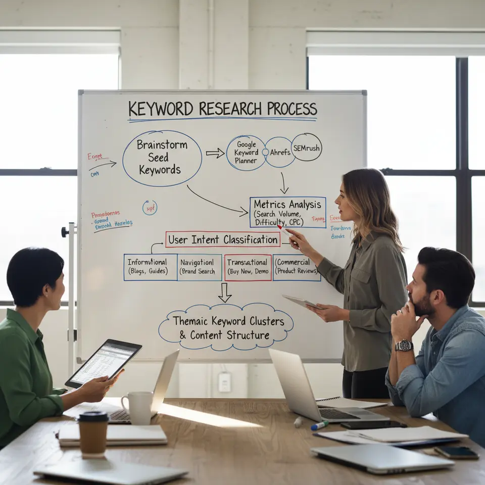 An infographic flowchart of the keyword research process: starting with brainstorming seed keywords, feeding into keyword tools (Google Keyword Planner, Ahrefs, SEMrush) for metrics analysis, classifying terms by user intent (informational, navigational, transactional, commercial), and grouping related keywords into thematic clusters to guide content structure