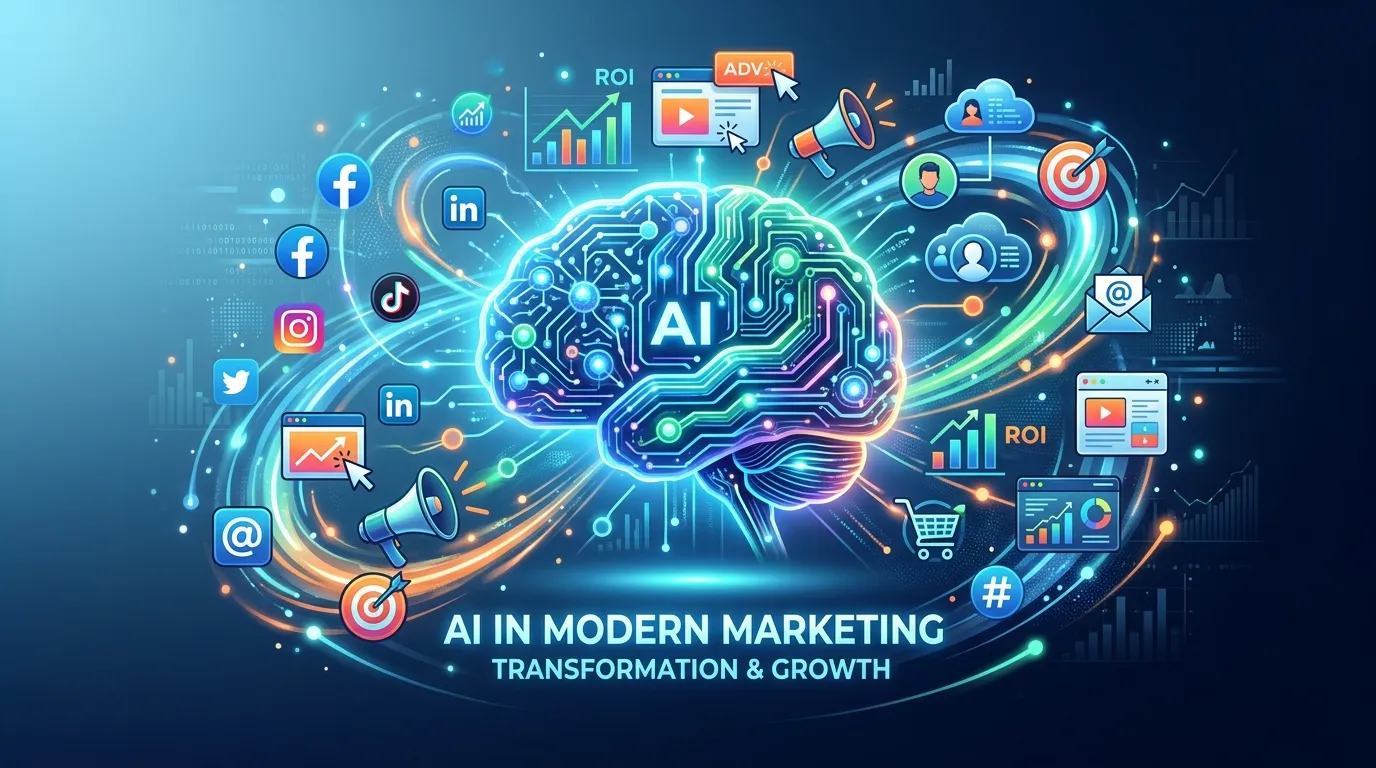 Digital marketer using AI software to create personalized marketing campaigns and audience segmentation strategies on a laptop.