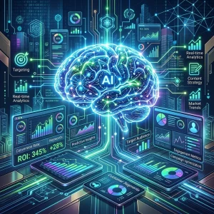 AI-powered marketing dashboard displaying customer analytics, predictive insights, automation tools, and campaign performance metrics