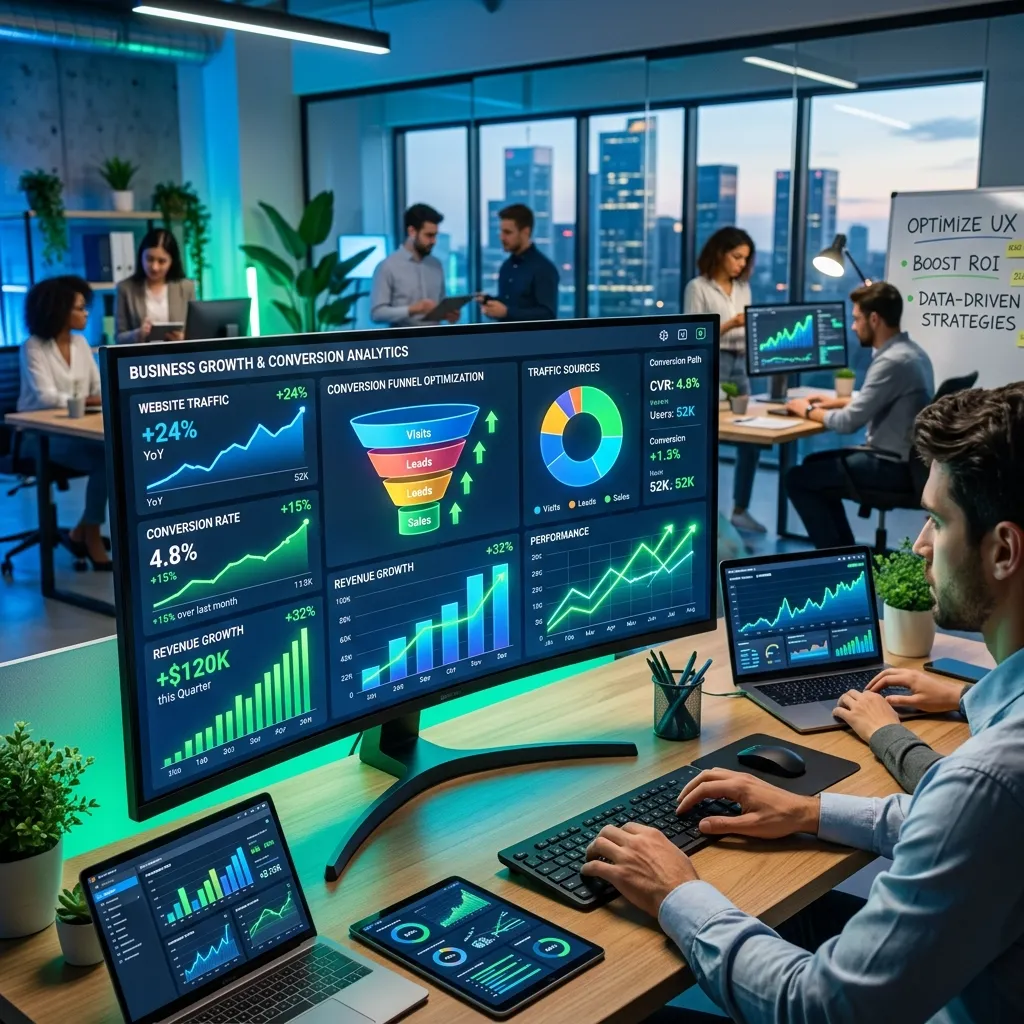 Marketing analytics dashboard displaying traffic reports, conversion data, and campaign performance metrics.