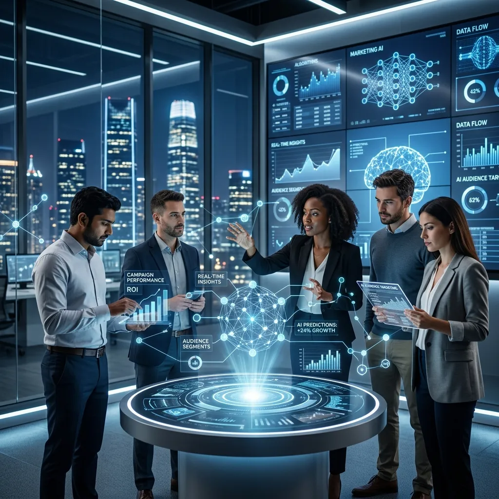 AI-powered marketing dashboard analyzing customer data and campaign performance