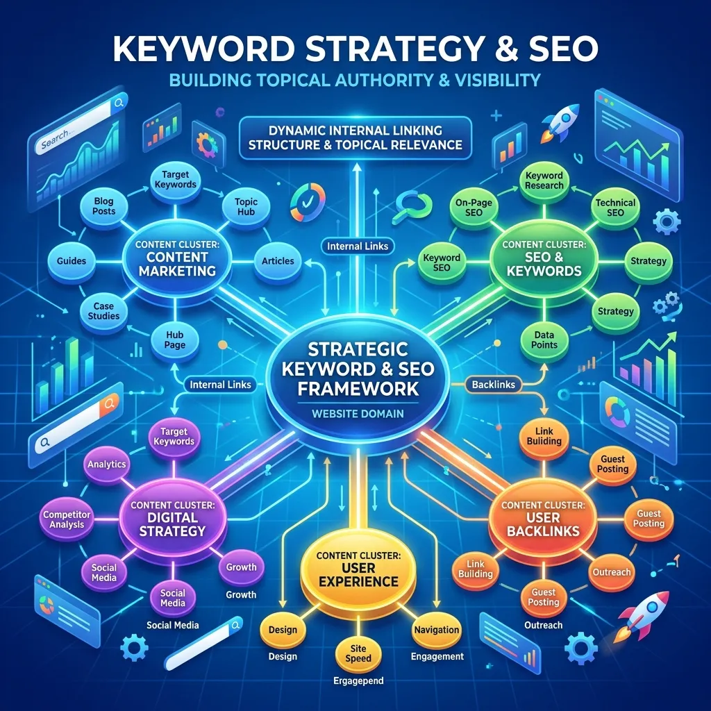 Illustration of digital marketing channels such as SEO, social media, email marketing, and content marketing connected in a growth funnel system