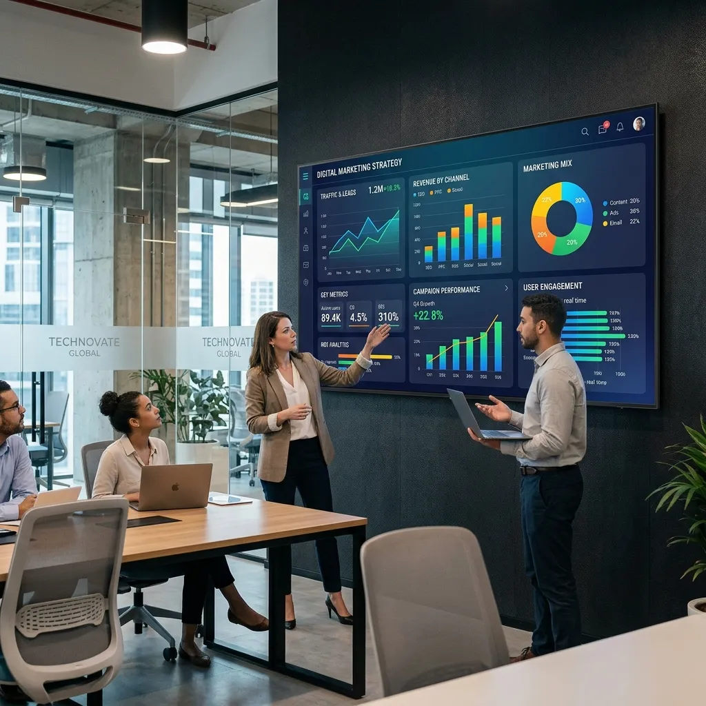 Laptop screen showing digital marketing analytics dashboard with SEO metrics, website traffic graphs, and campaign performance data in a modern workspace.