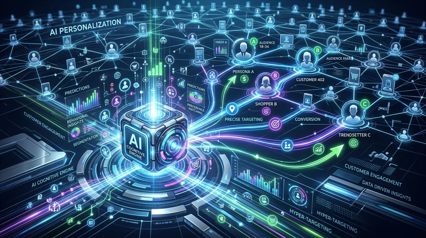 Artificial intelligence dashboard analyzing customer behavior, marketing data, and campaign performance across multiple digital platforms.