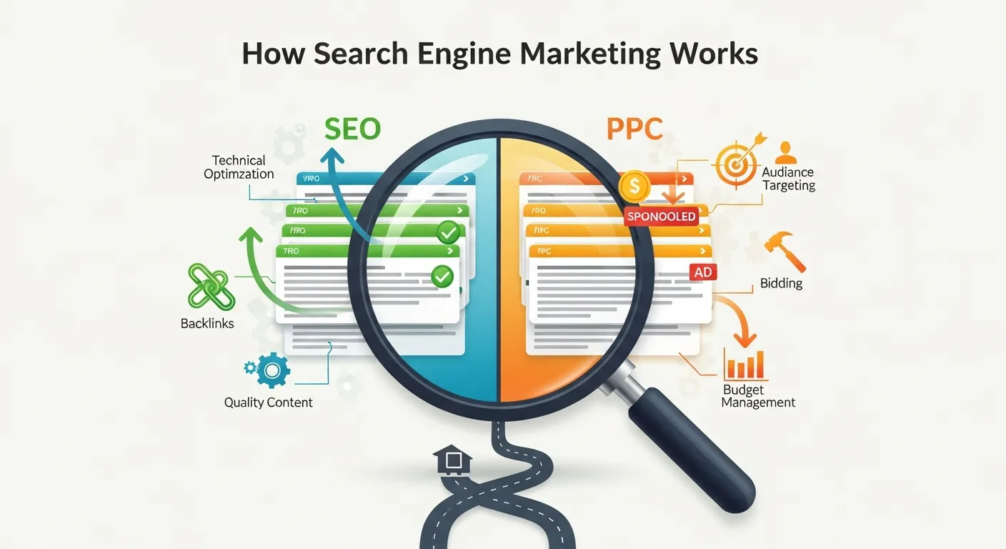 Search engine results page showing both organic listings and paid ads at the top for a user query