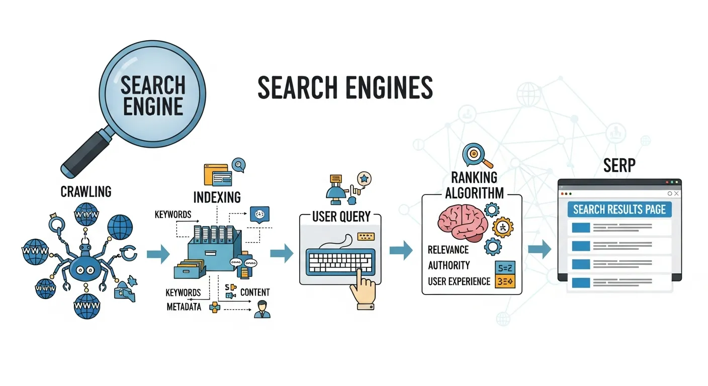 Illustration of search engine bots crawling and indexing web pages with ranking signals like keywords, backlinks, and site performance.
