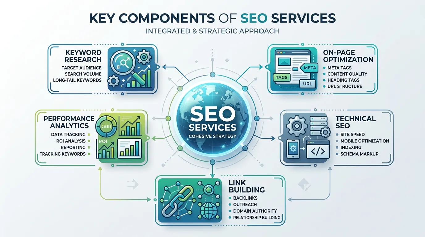 diagram showing keyword research, on-page SEO, technical SEO, and link building as core SEO components