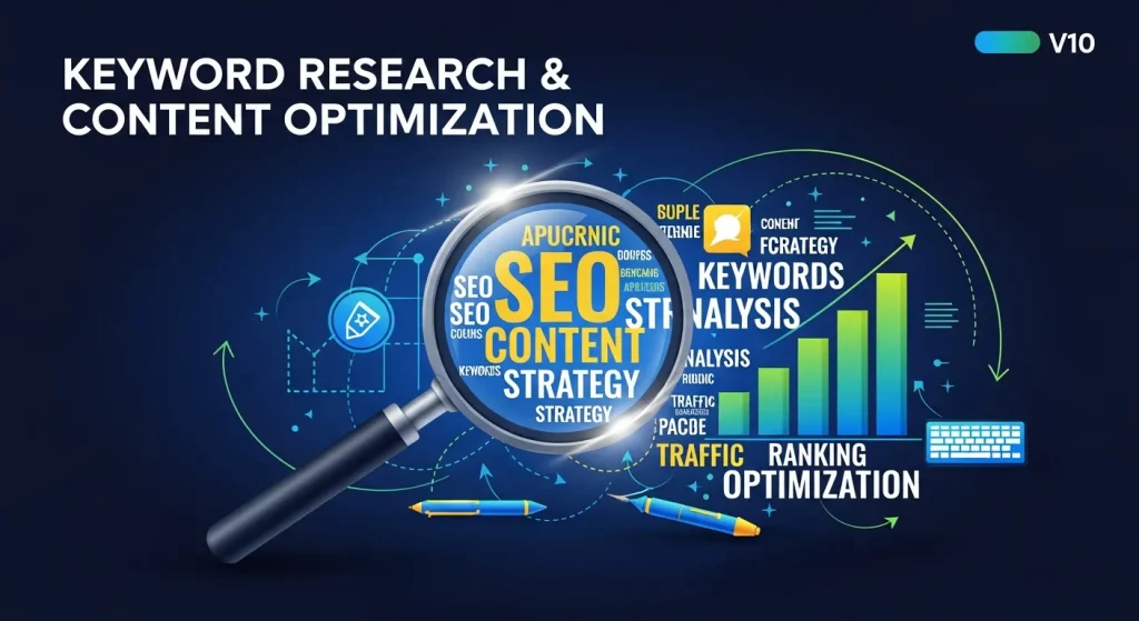 Digital marketer analyzing keyword data, search volume, and SEO content strategy on a laptop with charts and keyword tools.