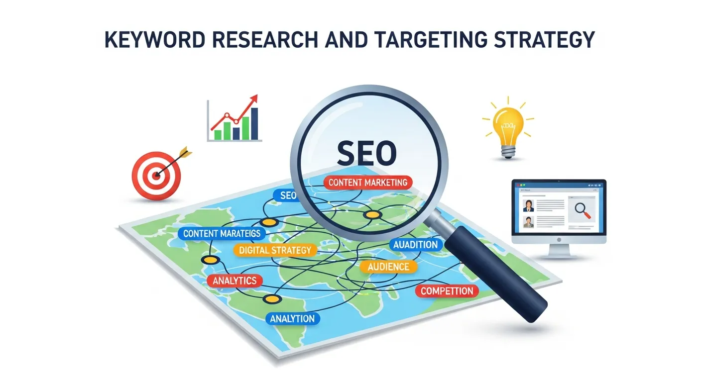 Marketer analyzing keyword data, search intent, and SEO tools on a laptop screen with charts and metrics