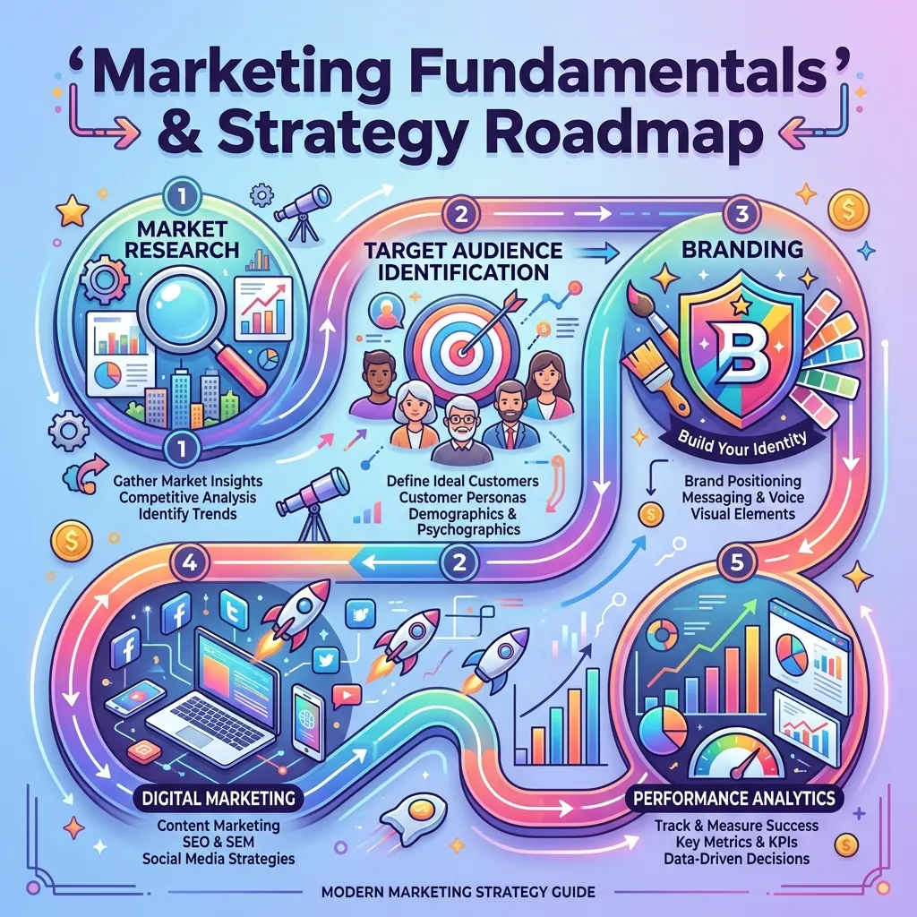 Diagram showing marketing fundamentals including product, price, place, promotion, customer journey, and value proposition framework for learning marketing from the ground up