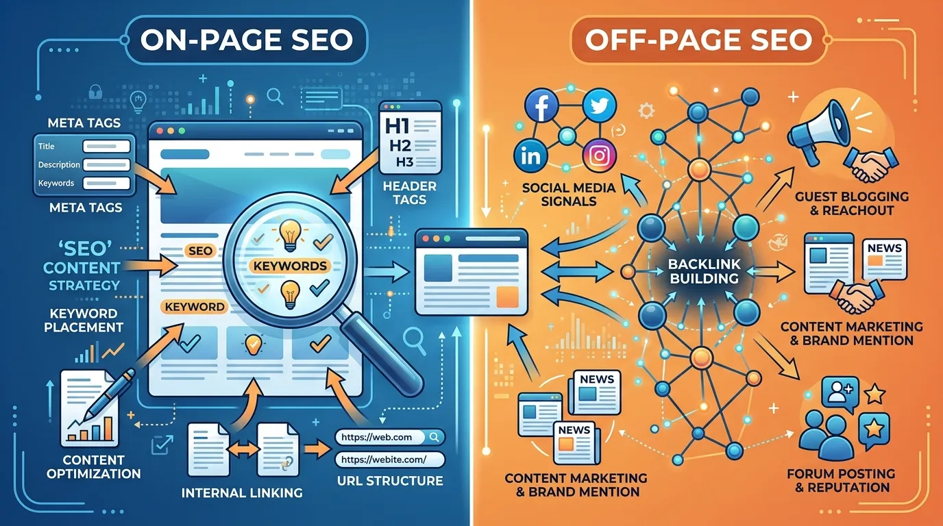 comparison visual explaining differences between on-page SEO and off-page SEO techniques