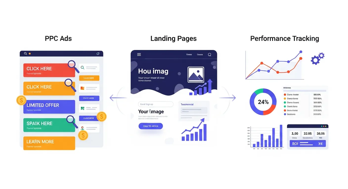 Digital advertising dashboard displaying PPC campaigns, click-through rates, and conversion analytics