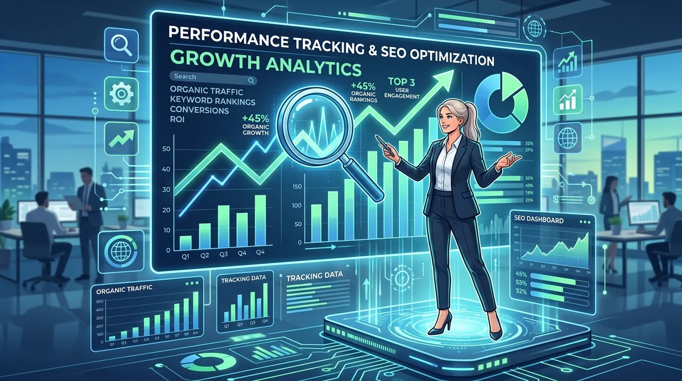 A dashboard showing SEO analytics, website traffic graphs, and marketing performance metrics on a computer screen.