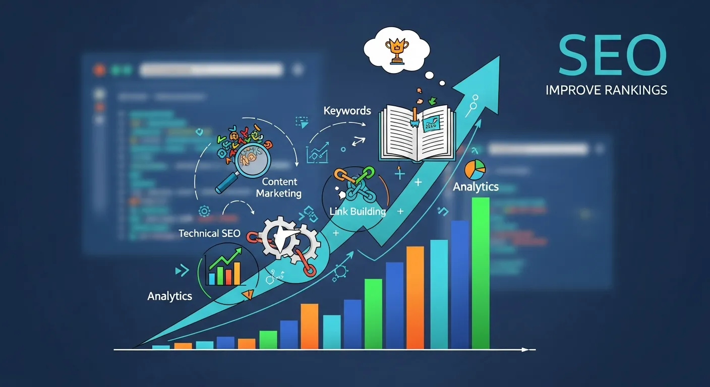 Digital marketing dashboard showing search rankings, keyword performance, and website traffic growth analytics