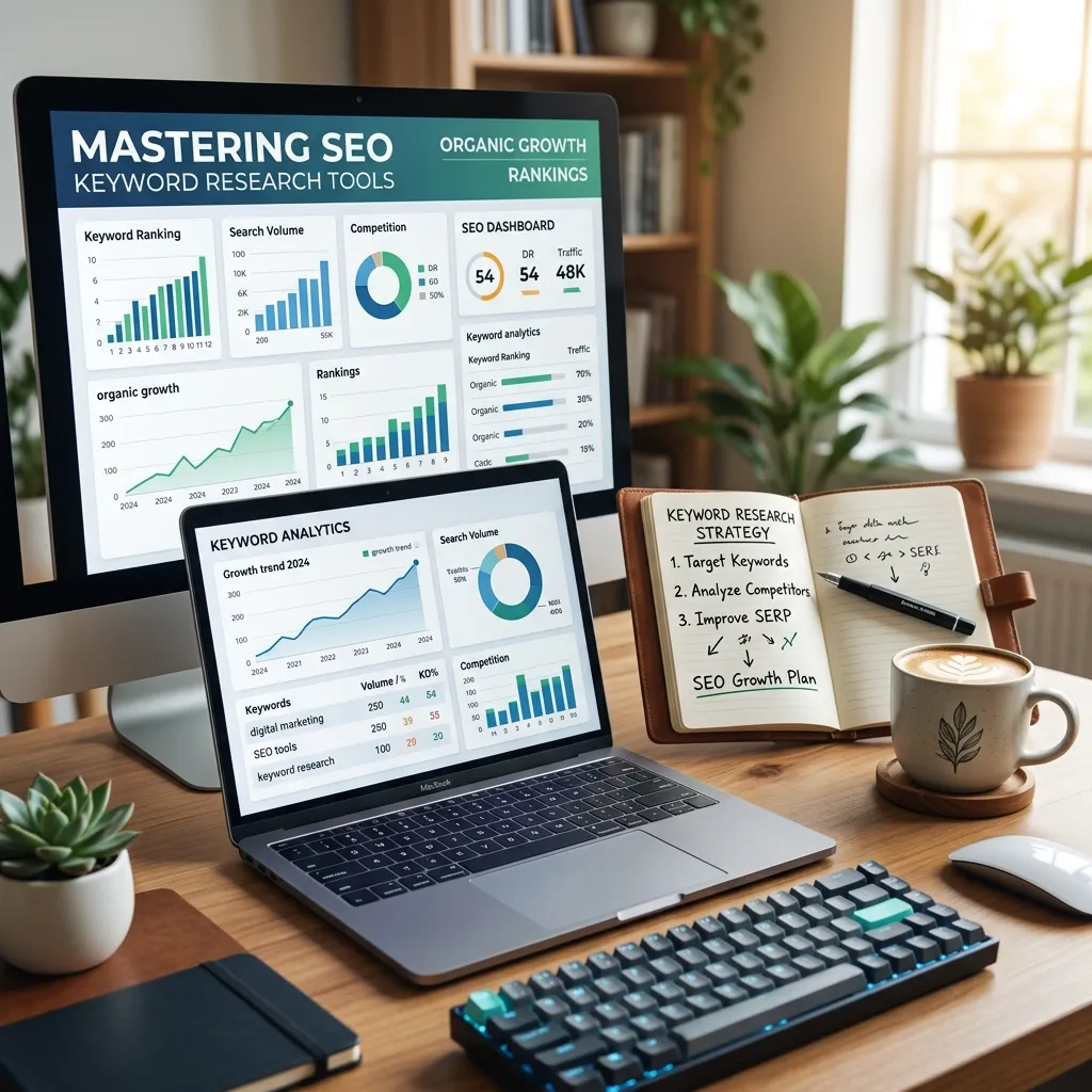 Dashboard showing SEO keyword research, analytics charts, and website ranking improvements.