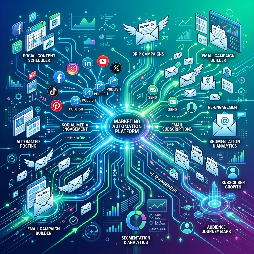 Digital marketer managing social media posts and automated email campaigns on multiple devices.