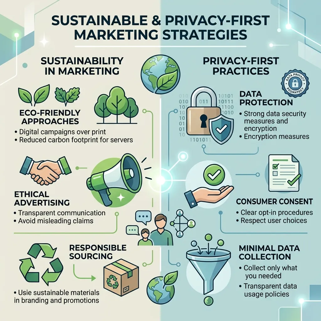 Digital marketing concept showing data privacy protection and eco-friendly branding