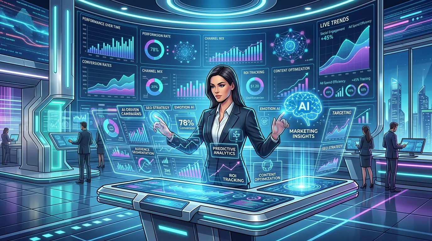 Futuristic marketing workspace featuring AI chatbots, predictive analytics, voice search technology, and automated advertising systems.