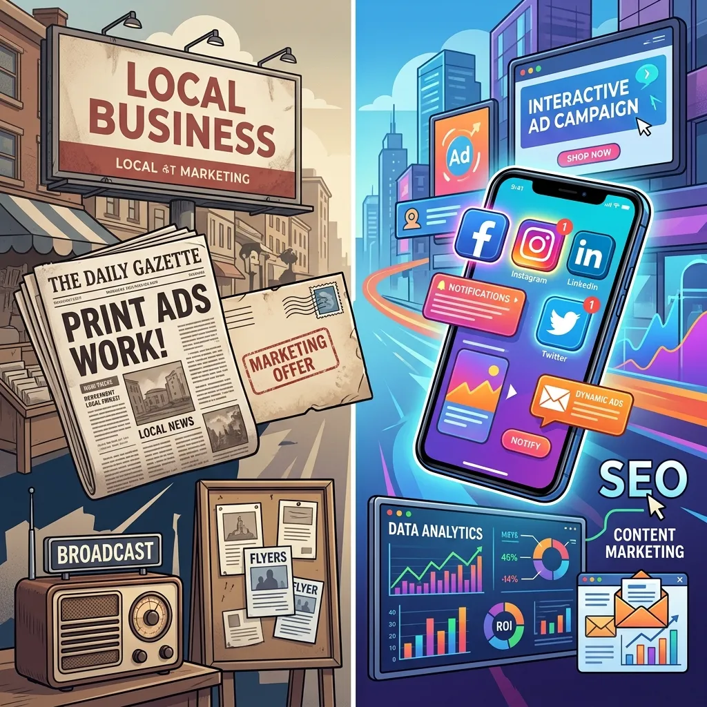Split visual showing billboard and newspaper ads on one side and digital marketing tools like SEO, email, and social media on the other side.