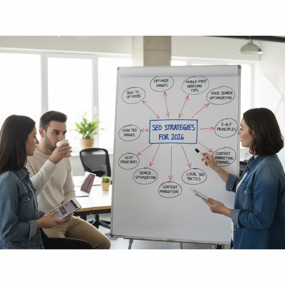 Building Semantic Clusters: A visual diagram showing a central pillar page at the core (e.g., “SEO Strategies for 2026”) connected by arrows or lines to multiple surrounding cluster pages, each labeled with related long-tail keywords or subtopics (e.g., “how to optimize images,” “mobile-first indexing tips”), illustrating a network of thematic internal links.
