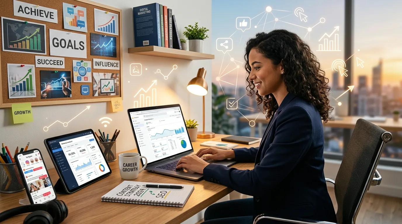 Professional digital marketer reviewing campaign results, portfolio projects, and career growth opportunities while working remotely with marketing tools and reports.
