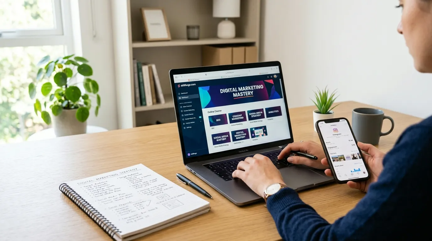 Student learning digital marketing online through video courses, certifications, webinars, and practical projects on a laptop in a modern workspace.