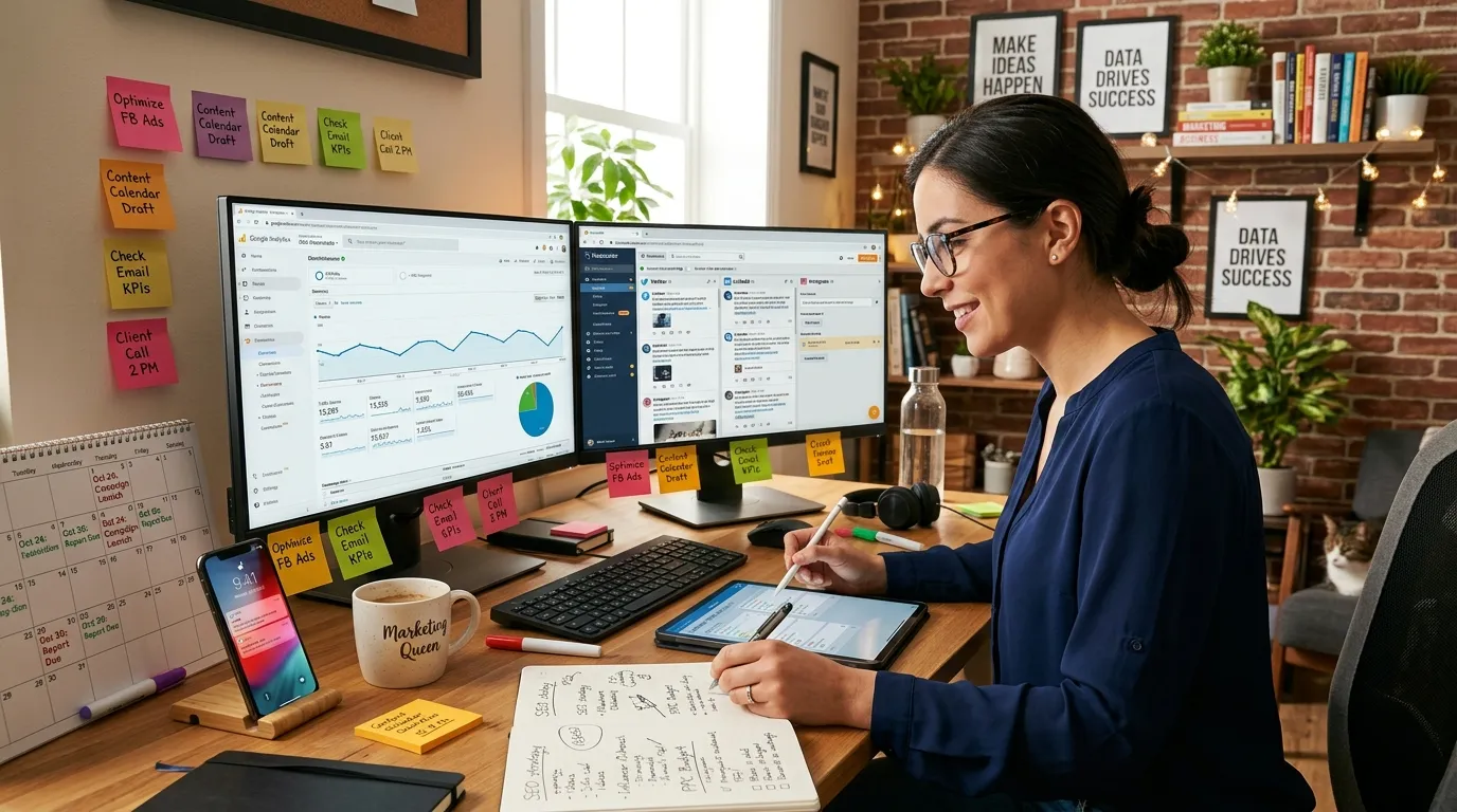 Illustration showing social media marketing, search engine optimization, email marketing, and paid advertising channels