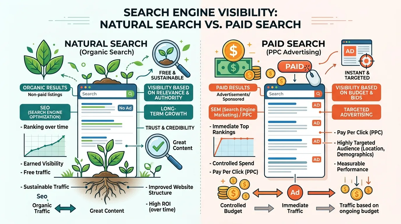 Side-by-side comparison graphic of organic SEO results versus paid search advertising results