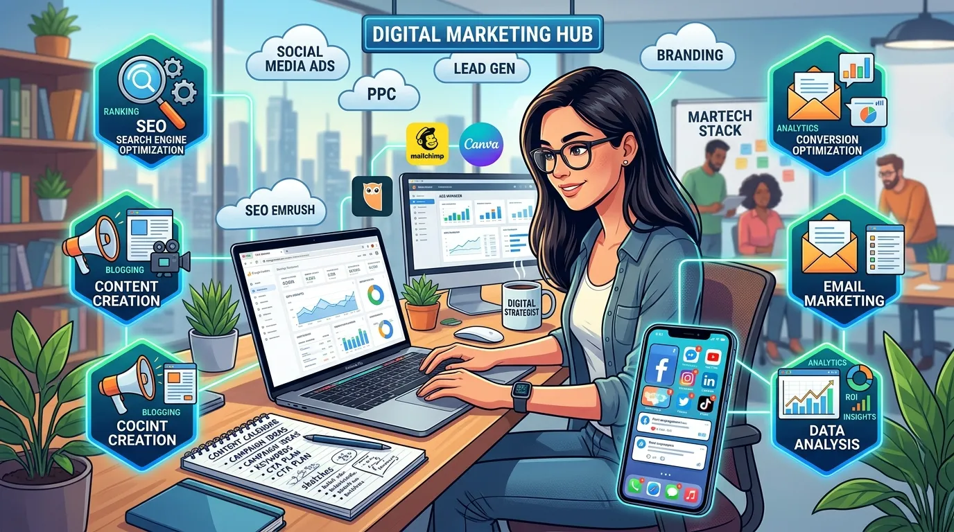 Essential online marketing tools including analytics dashboards, SEO software, email platforms, and content planning tools