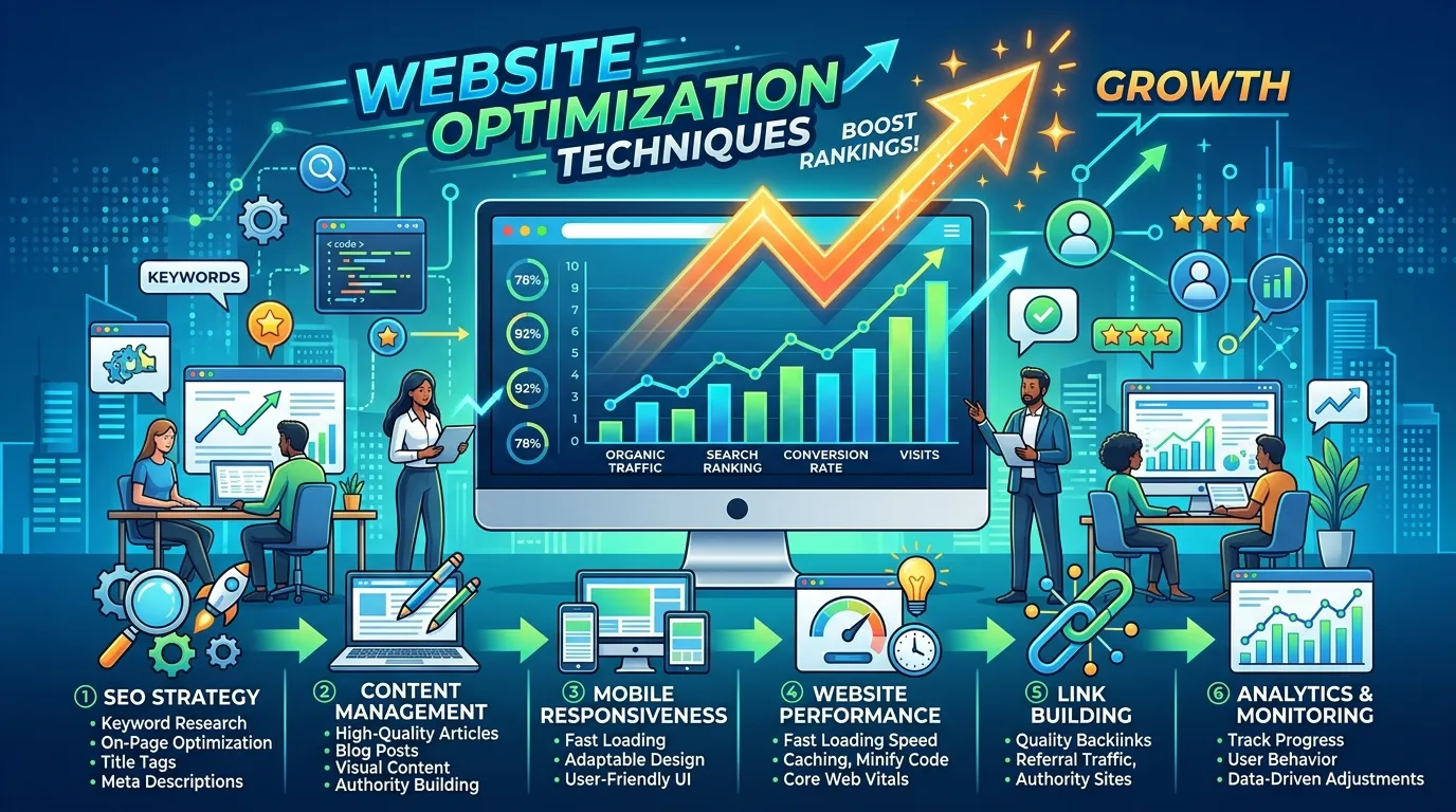 Digital marketing dashboard displaying website optimization techniques including speed, keywords, mobile SEO, and analytics